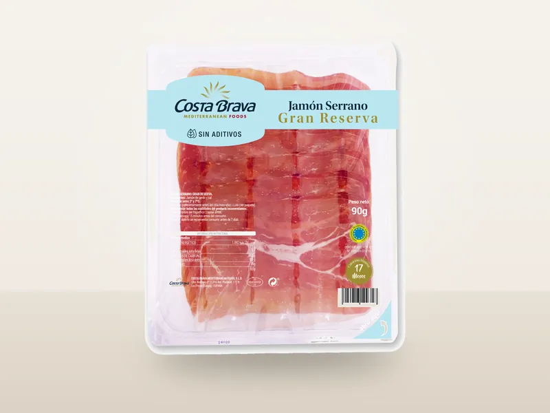 A retail pack of Spanish cured ham, the kind of pack our manufacturers can make under your own brand