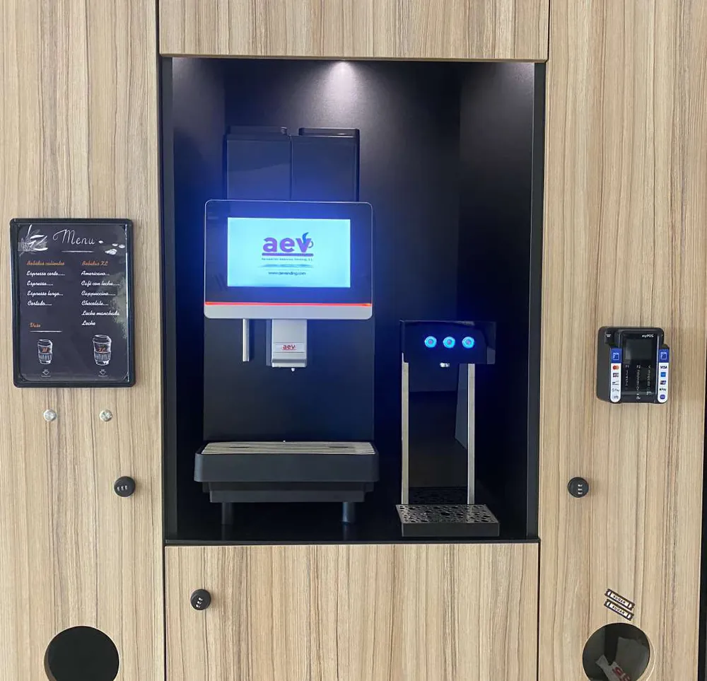 A self-service coffee station in a wooden cabinet